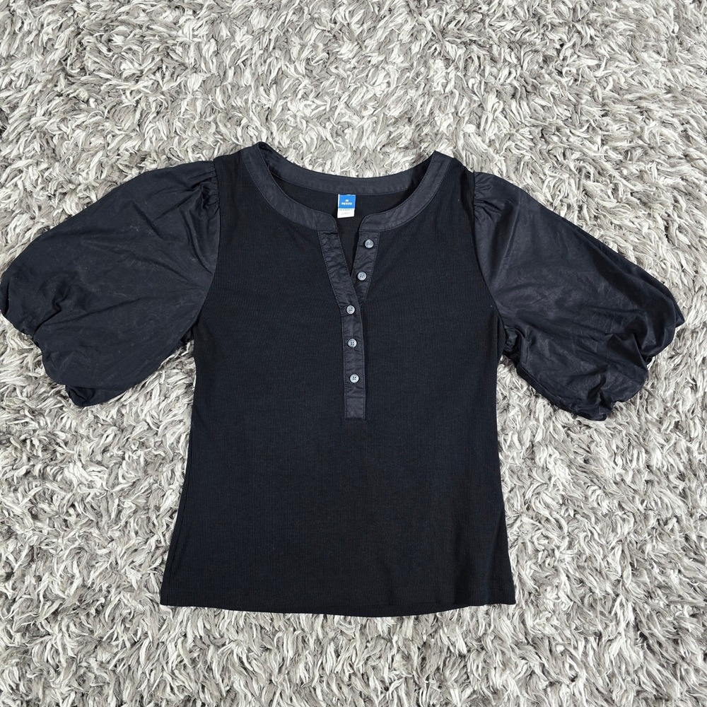 Old Navy Black Jack Ribbed Puff Sleeve Henley Top Medium Petite 751609-00
